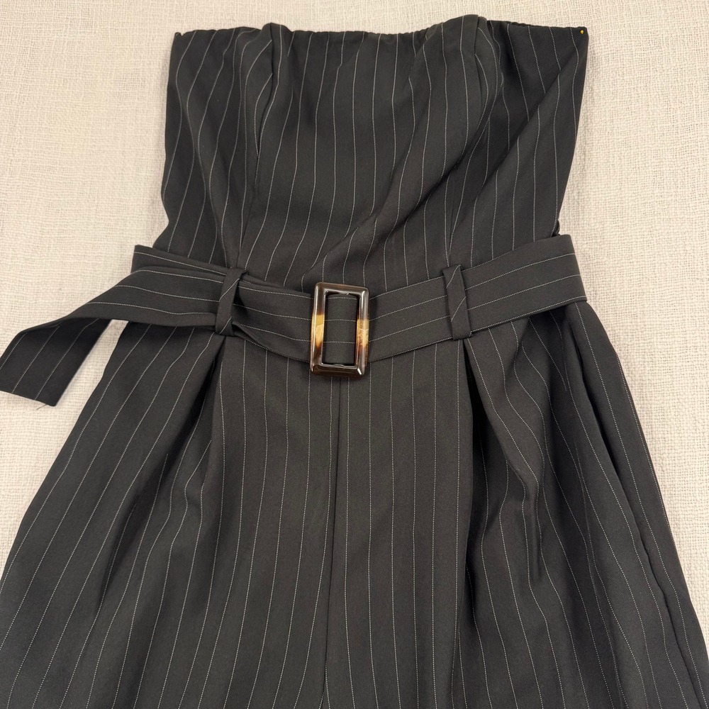 Black Pinstripe Strapless Wide Leg Jumpsuit with Belted Waist Smocked Back Sze S - Picture 3 of 11